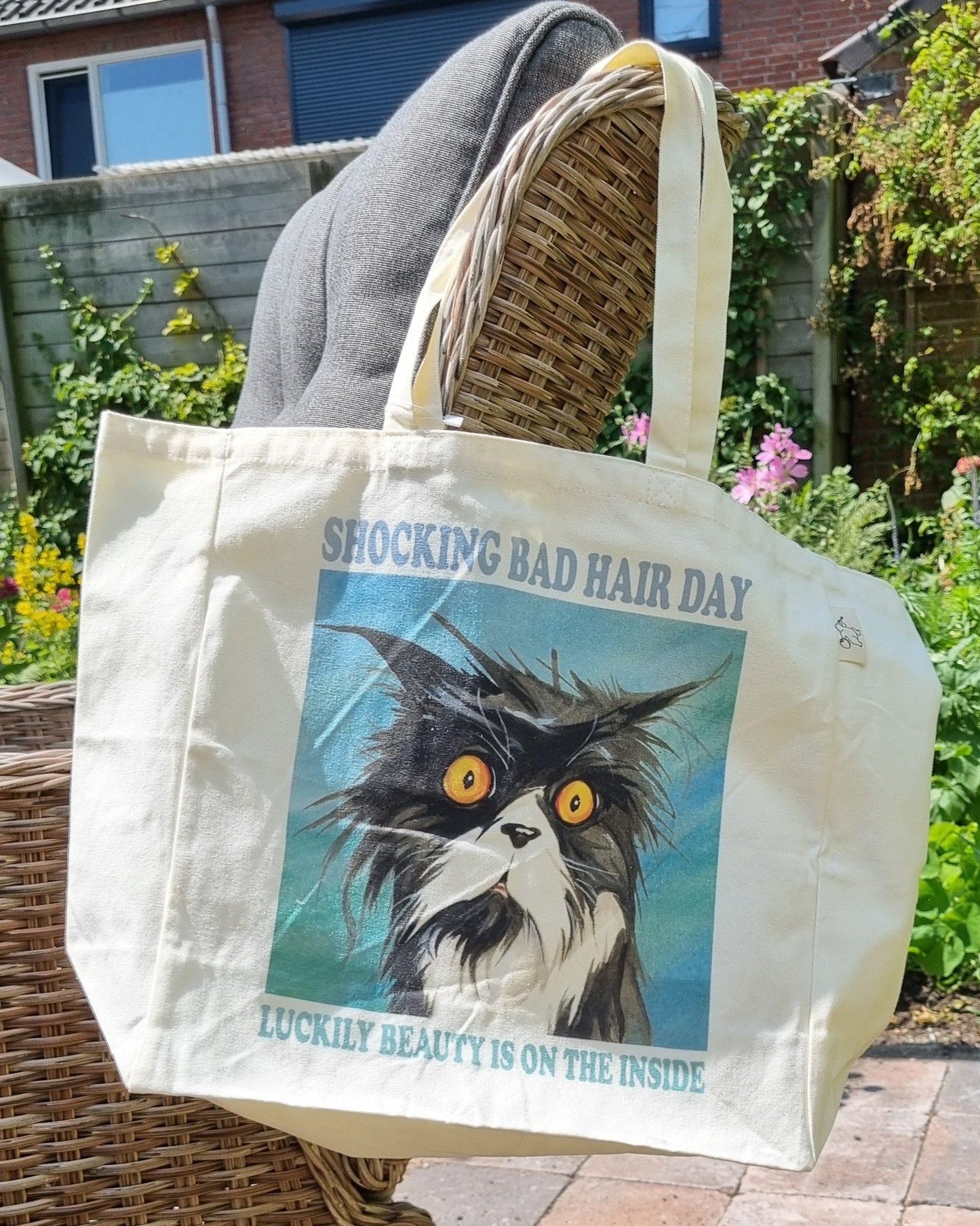 Katoenen winkelshopper met bedrukking - Bad Hairday Cat
