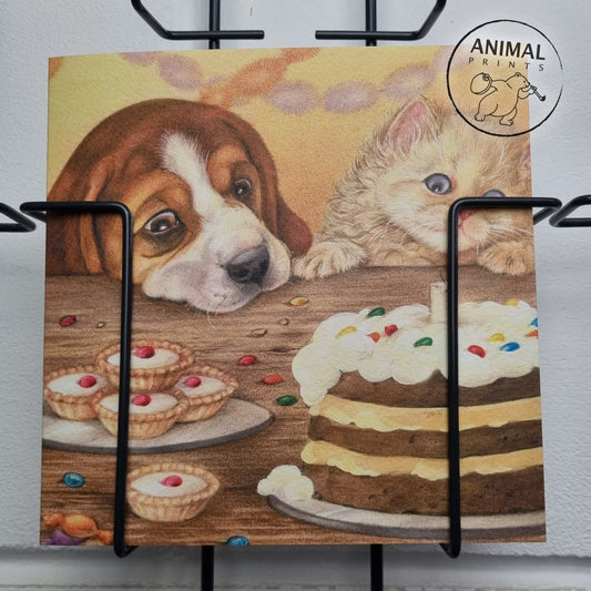 Square card - Beagle and Persian enjoying a piece of cake together (dog and cat)