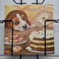 Square card - Beagle and Persian enjoying a piece of cake together (dog and cat)