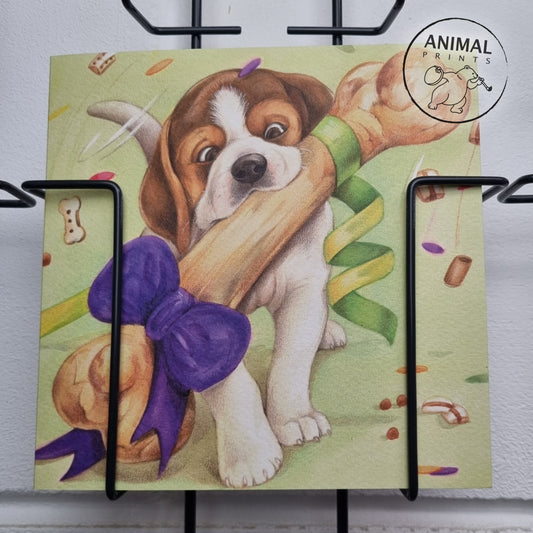 Karte mit quadratischer Aufschrift – Party. Ich freue mich, dass ich kommen konnte, ich habe eine Kleinigkeit mitgebracht (Beagle).