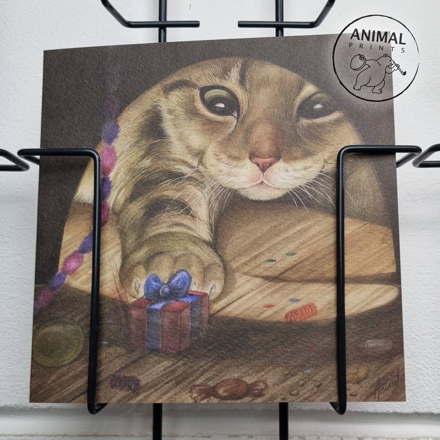 Quadratische Karte – Ich habe ein kleines Geschenk für meinen Mäusefreund… (Katzenmotiv)