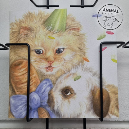 Square card - Who's so lucky to get a carrot for their birthday? (Persian cat, rabbit)
