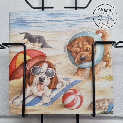 Square card - We also love lying and playing on the beach!! (dog, Beagle, Sharpei)