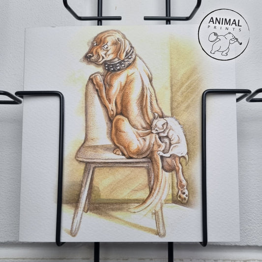 Square card - Waiting room emotion; dog with Chihuahua bite wound (humor, comic)