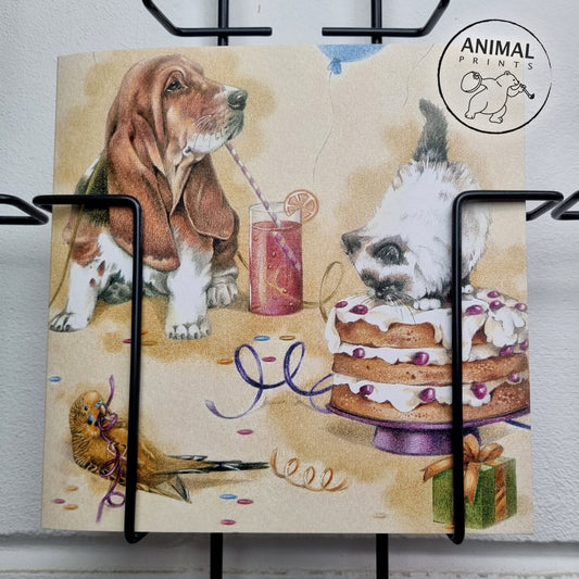 Square card - Hip Hip Hooray! Welcome to my birthday party!!! (dog and cat)