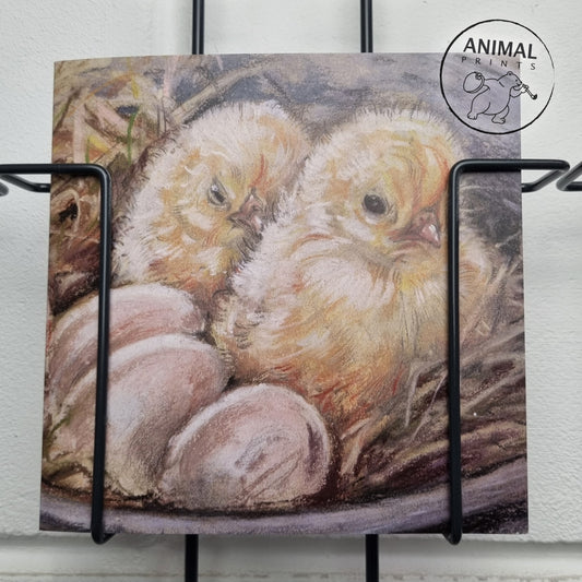 Square card - 2 chicks present, 3 more to go... (Chicken print)