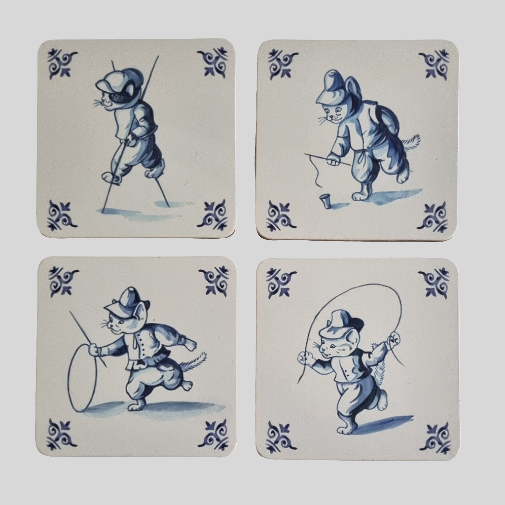 Set van 4 onderzetters - Delfsblauwe kattenserie