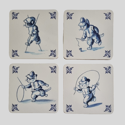 Set van 4 onderzetters - Delfsblauwe kattenserie