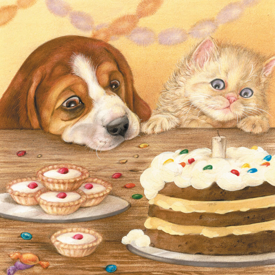 Square card - Beagle and Persian enjoying a piece of cake together (dog and cat)
