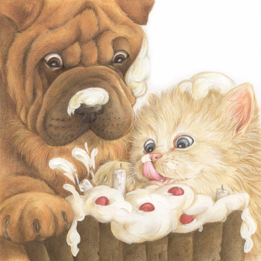 Square Card - Sharpei &amp; Persian Celebrating (Dog Print)