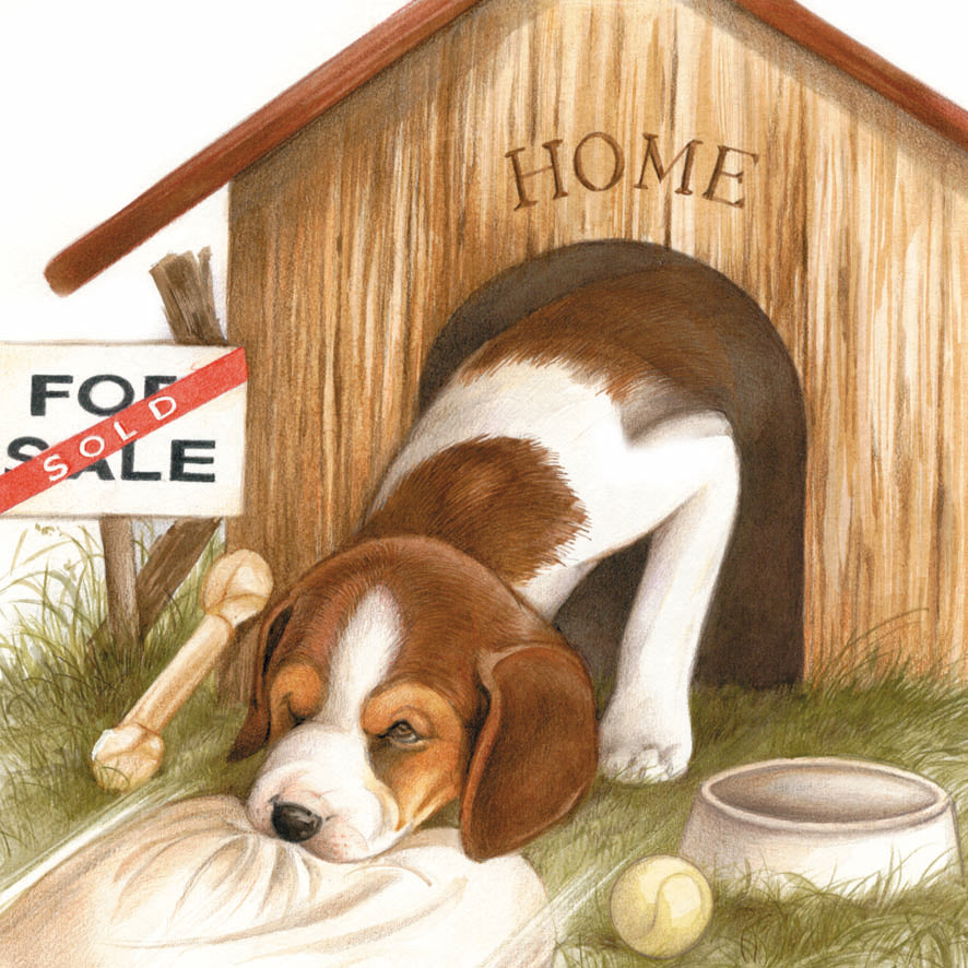 Square card - Moving. Dog house for sale (Beagle dog print)