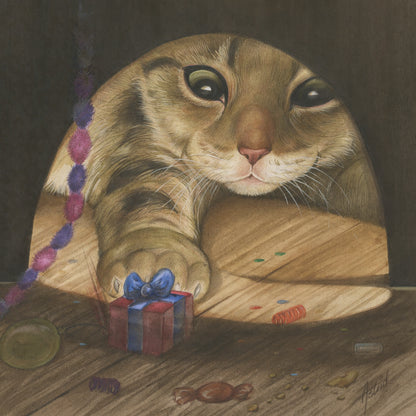 Quadratische Karte – Ich habe ein kleines Geschenk für meinen Mäusefreund… (Katzenmotiv)