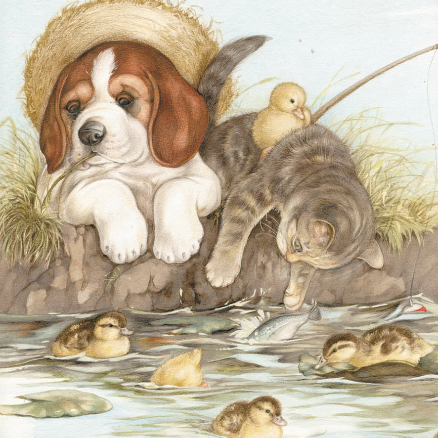 Square card - Relaxing with a good friend (dog and cat)