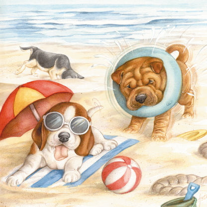 Square card - We also love lying and playing on the beach!! (dog, Beagle, Sharpei)
