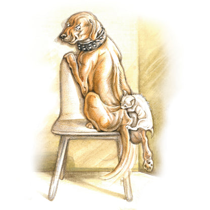 Quadratische Karte – Emotionen im Wartezimmer; Hund mit Chihuahua-Bisswunde (Humor, Comic)