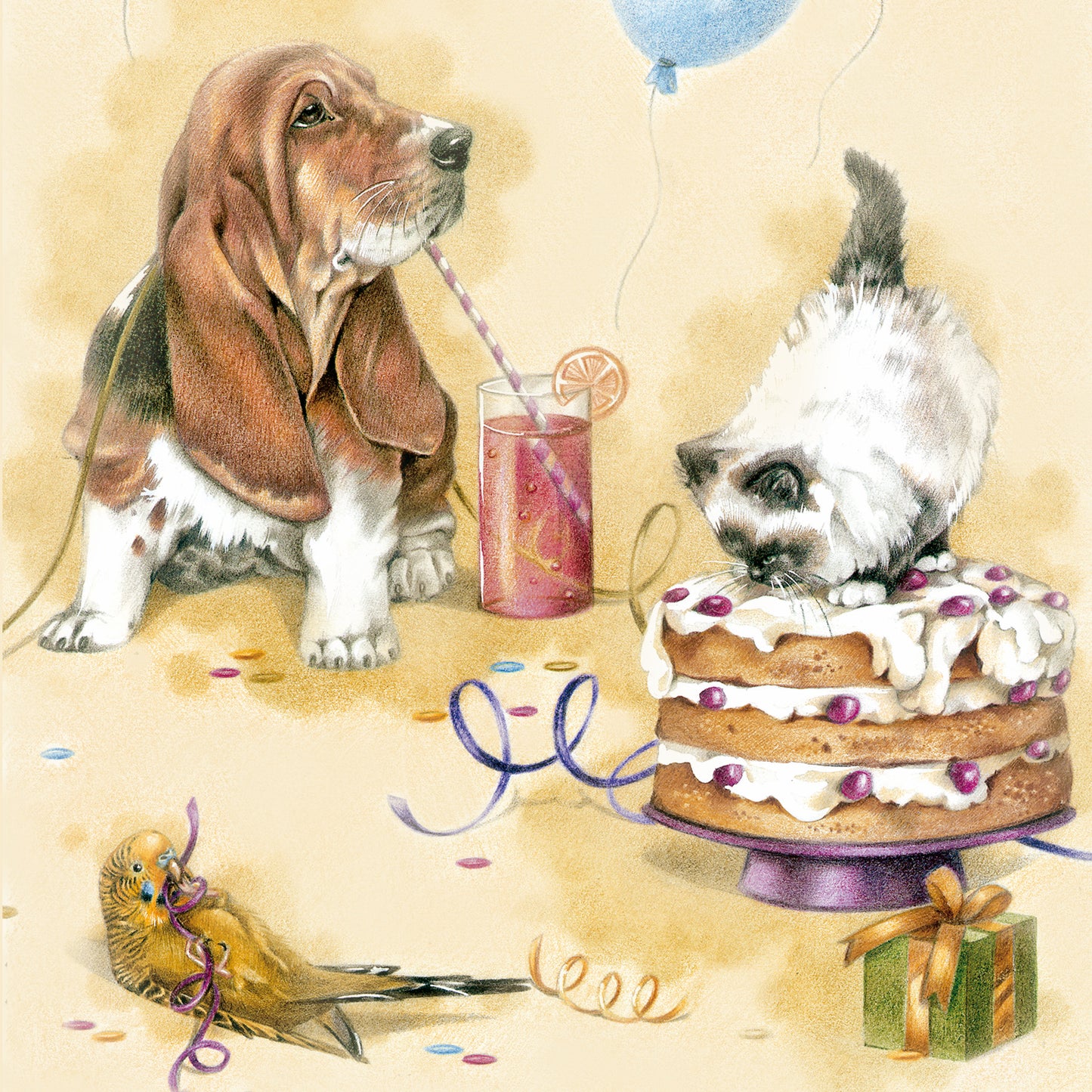 Vierkante kaart - Hieperdepiep, Hoera. Welkom op mijn verjaardagsfeestje!!! (hond en kat)