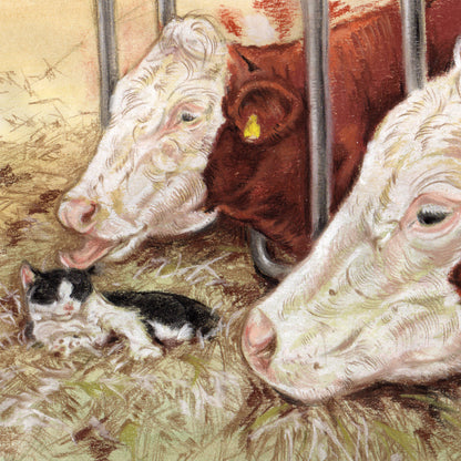 Quadratische Karte – Diese Katze hat viele Freunde (Katzen und Kühe).