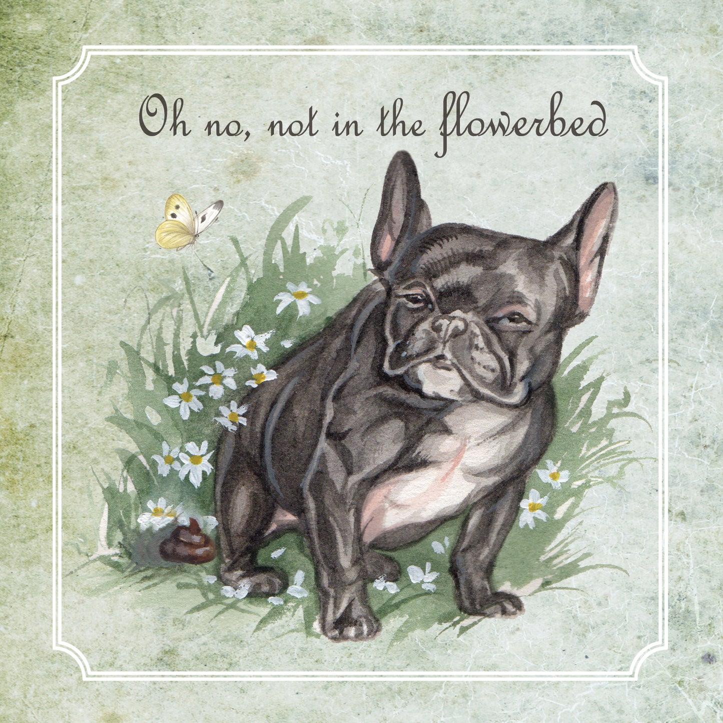 Quadratische Karte - Oh nein, nicht im Blumenbeet (Hund, Französische Bulldogge)