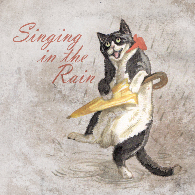 Quadratische Karte – Singing in the Rain (Katzenmotiv)