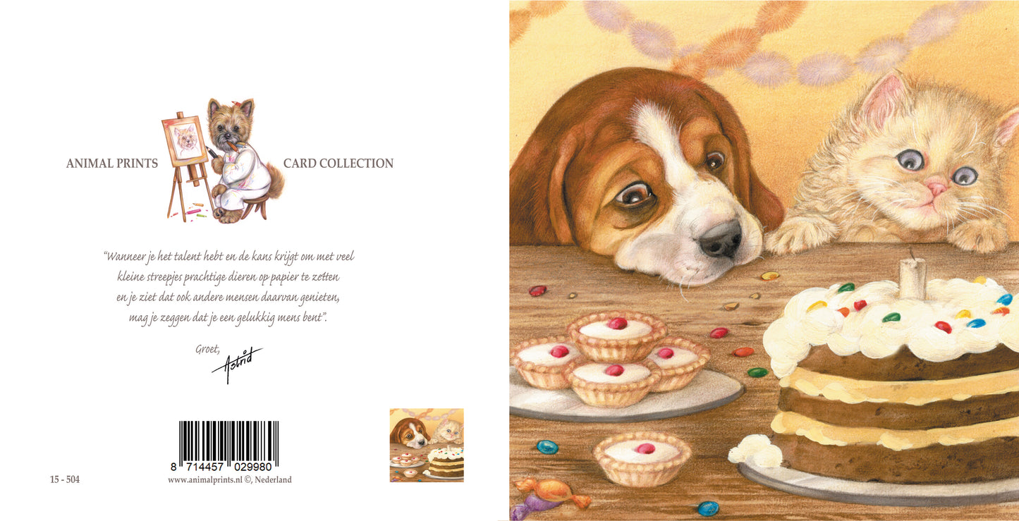 Square card - Beagle and Persian enjoying a piece of cake together (dog and cat)