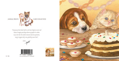 Square card - Beagle and Persian enjoying a piece of cake together (dog and cat)