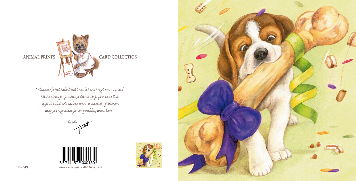 Karte mit quadratischer Aufschrift – Party. Ich freue mich, dass ich kommen konnte, ich habe eine Kleinigkeit mitgebracht (Beagle).