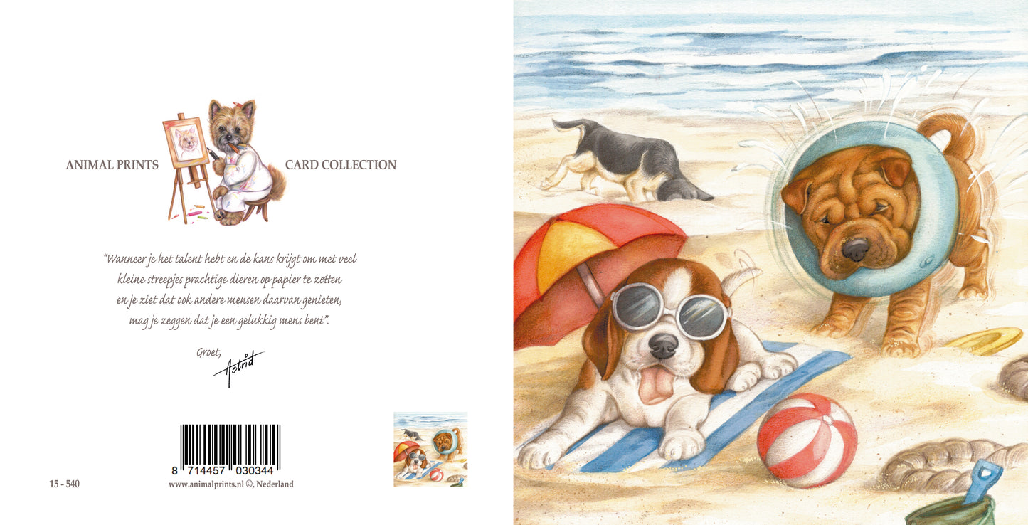 Square card - We also love lying and playing on the beach!! (dog, Beagle, Sharpei)